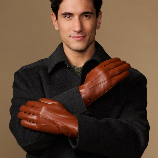 Men's lambskin leather gloves in dark brown with plush fur lining and touchscreen tips