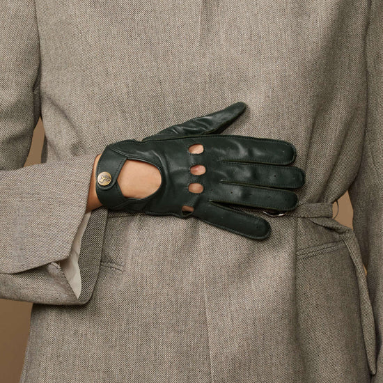 Dark green leather gloves with buttoned finger cutouts and slim wrist tabs