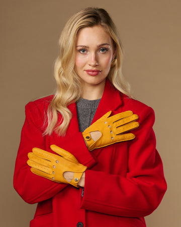 Alexis (gelb) - Klassische Lammleder-Autohandschuhe für Damen mit Touchscreen-Funktion