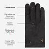 Black leather glove with textured finish and stitched finger and cuff seams