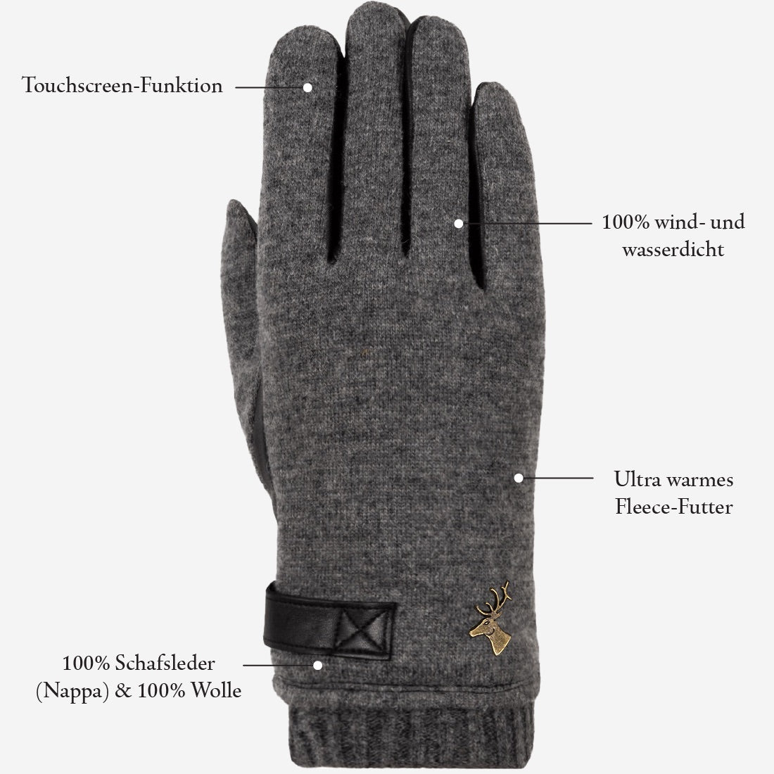 lammfell handschuhe wasserdicht Lederhandschuhe Herren Woll-/Lederkombi Grau