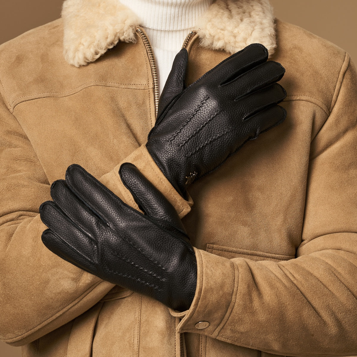 hirschleder handschuhe gefüttert Lederhandschuhe Herren Schwarz Hirschleder