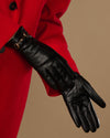 Ella (black) - Women's lambskin leather gloves with cashmere lining, gold-tone buckle & touchscreen feature