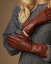 Emma (cognac) - Extralange Schaflederhandschuhe mit luxuriösem Kaschmirfutter & Touchscreen-Funktion