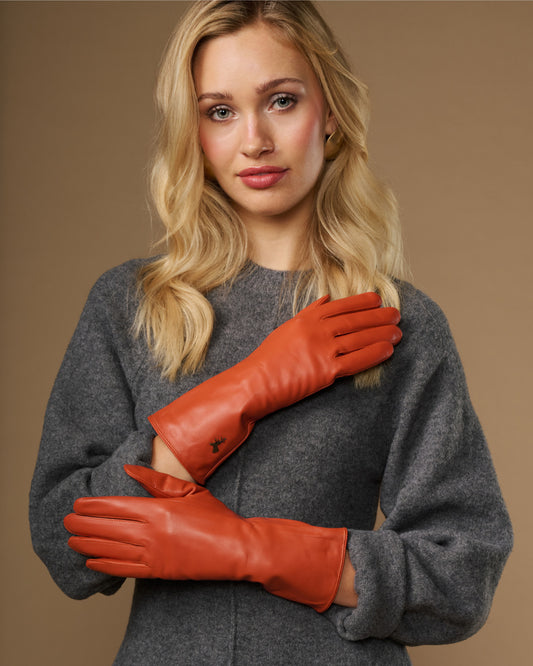 Emma (orange) - Extralange Schafslederhandschuhe mit luxuriösem Kaschmirfutter & Touchscreen-Funktion