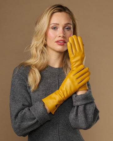 Emma (gelb) - Extralange Schafslederhandschuhe mit luxuriösem Kaschmirfutter & Touchscreen-Funktion