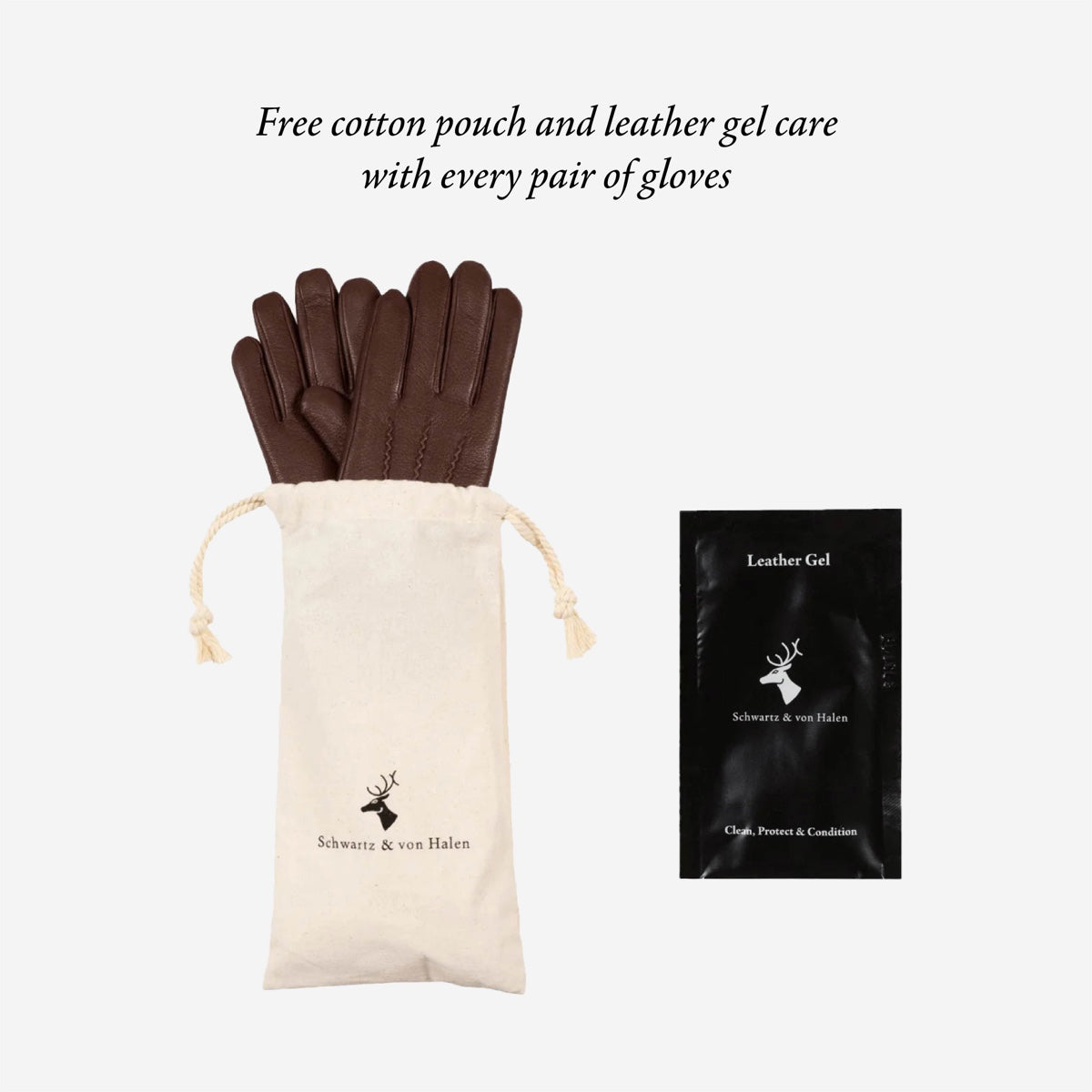 Men's brown leather driving gloves with elastic wrist and drawstring pouch