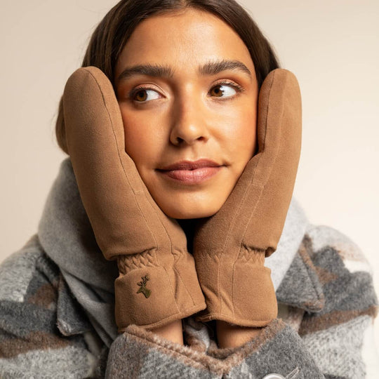 Hailey (camel) - Wildlederfäustlinge aus Ziegenleder mit elegantem Shearling-Futter