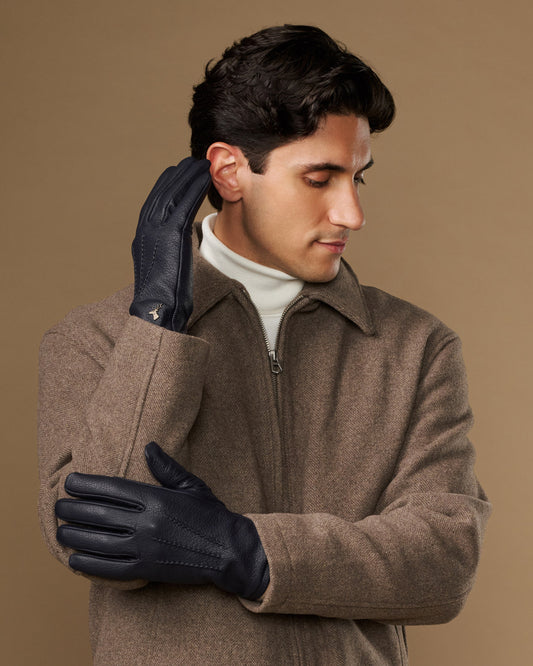 Men's navy goatskin leather gloves with wool lining, stitched finger and palm design