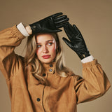 Jasmine (schwarz) - Damen-Lammfellhandschuhe mit luxuriösem Kaninchenfellfutter und Touchscreen-Funktion