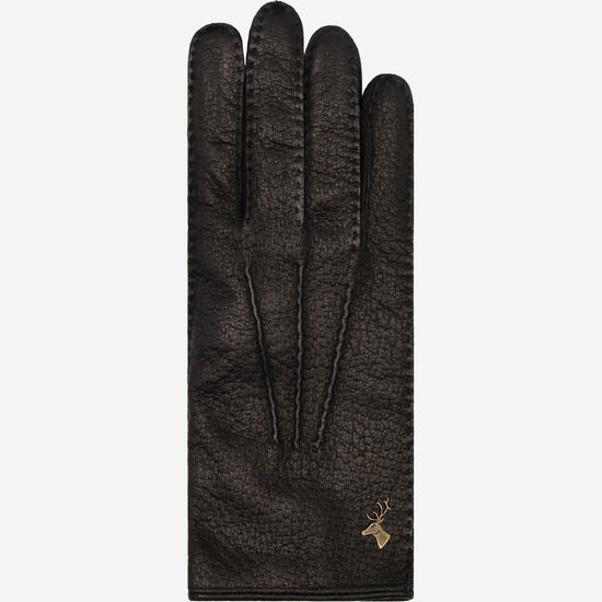 Women's black peccary leather gloves with short cuffs and textured finish