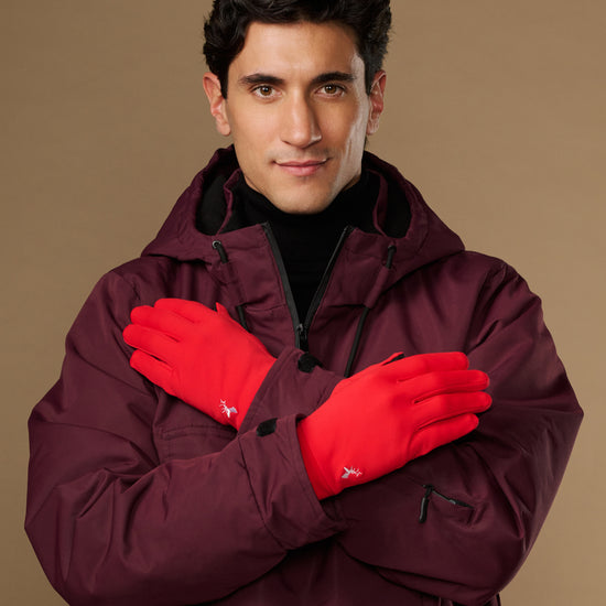 Red men's lightweight activity gloves with grip palms, worn on both hands
