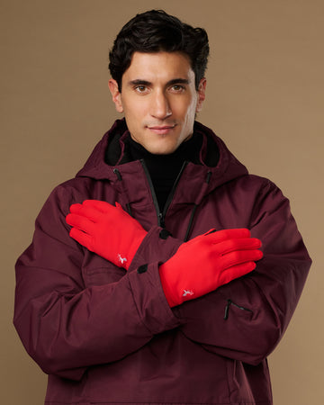 Red men's lightweight activity gloves with grip palms, worn on both hands