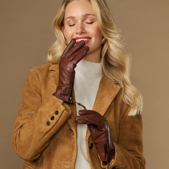 Women’s brown leather gloves with cashmere lining, side zip, touchscreen