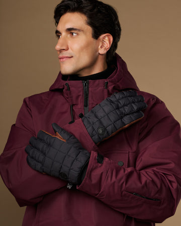 Men's quilted insulated touchscreen gloves, dark gray with brown inner trim