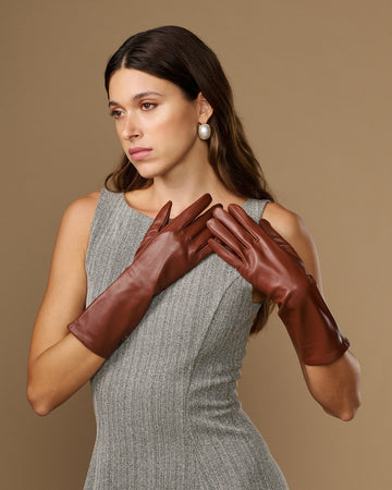 Rosemary Mid-forearm (kastanjebruin) - Dameshandschoenen van lamsleer met zijden voering & touchscreenfunctie