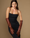 Chocolate brown leather elbow gloves with fitted seams and long hand coverage