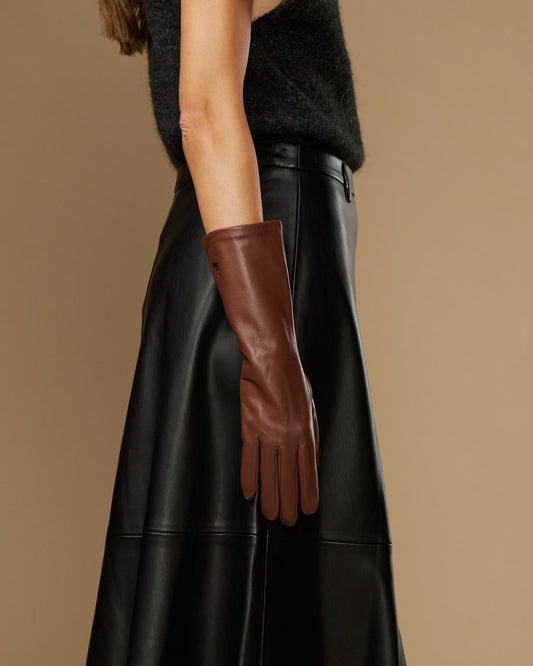 Rosemary Mid-forearm (marron chocolat) - Gants pour femme en cuir d’agneau avec doublure en soie & fonction tactile