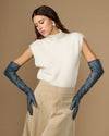 Women's grey leather gloves with silk lining and touchscreen fingertips, long cuff fit