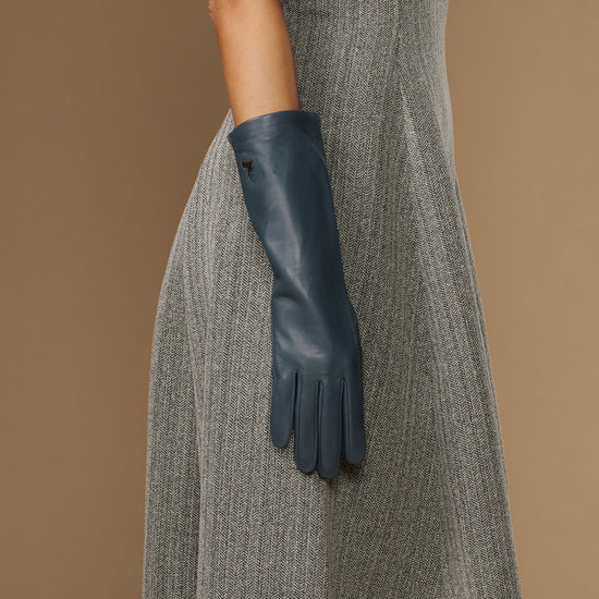 Single grey-blue mid-forearm leather glove with stitched palm and finger panels