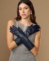 Women’s below-elbow lambskin leather gloves, dark blue, smooth finish with fitted shape