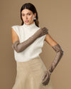 Taupe lambskin leather opera gloves, long cuff, smooth finish on both hands