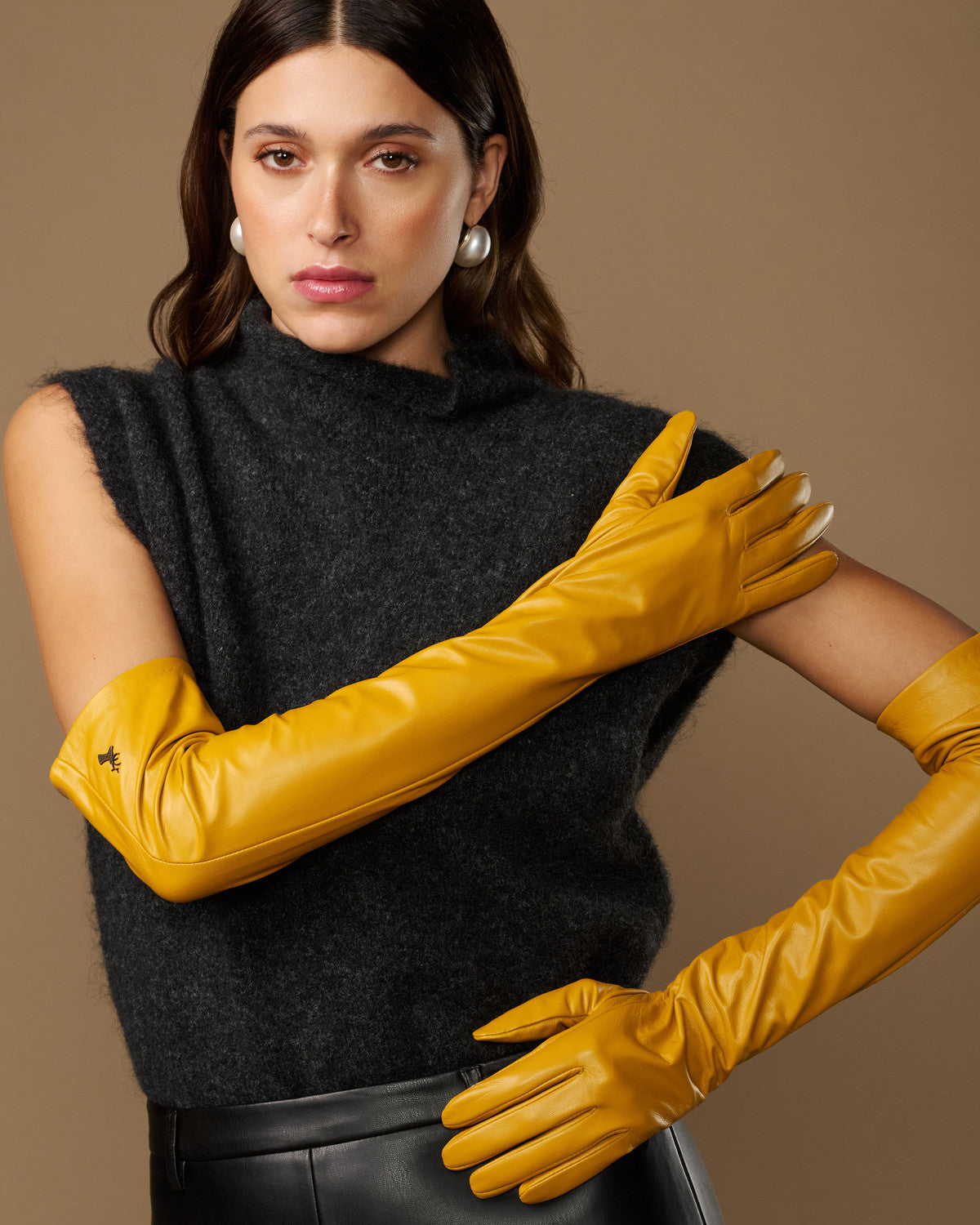 Yellow lambskin leather opera gloves, long fitted sleeves with neat cuffs