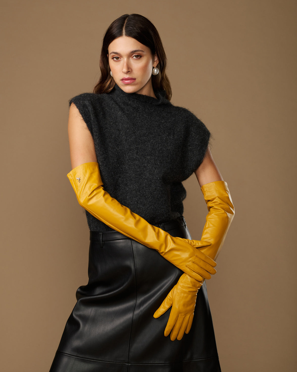 Yellow lambskin leather opera gloves, long fitted style with smooth finish