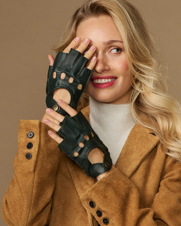 Dark green fingerless lambskin driving gloves with buttoned wrist straps