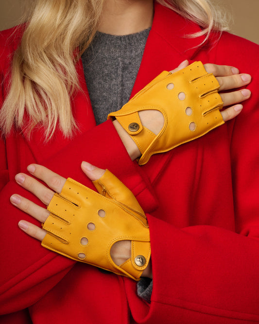 Selena (gelb) - Klassische fingerlose Lammleder-Autohandschuhe für Damen
