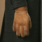 Taylor (kamel) - Herren-Patchwork-Schafslederhandschuhe mit warmem Schafspelzfutter