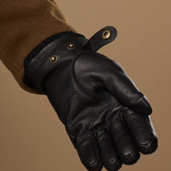 Black goatskin leather glove with ribbed cuff and two press-studs