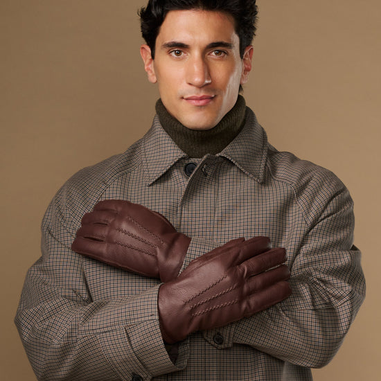 Brown leather gloves with warm fleece lining and press-stud cuff