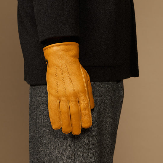 Yellow goatskin leather gloves, back view with stitched seams and gray cuff